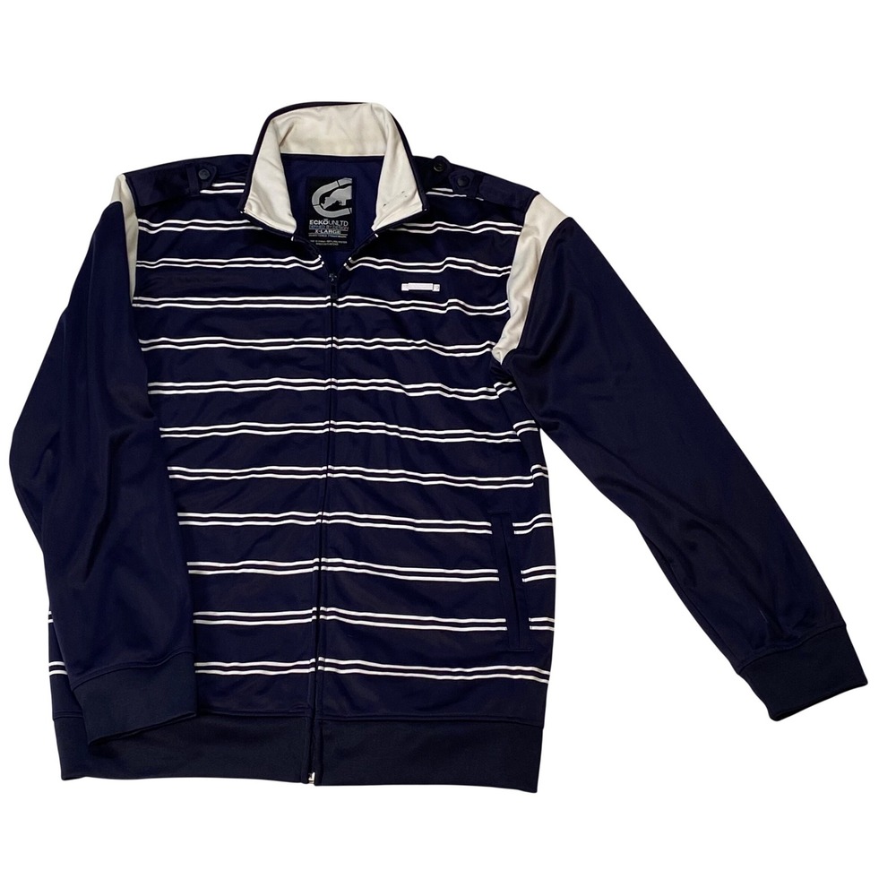 Ecko Unltd Mens Track Jacket XL Navy Blue White Striped Full Zip Epaulets